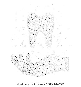 Tooth care illustration of human hand caring of healthy teeth, consisting of polygons, dots and lines, isolated on white background. Low poly design, wireframe concept.