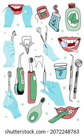 Tooth care set. Hands with dental instruments. Toothbrushes, brushes, dental floss and dental cleaning tablets. Dental irrigator, electric toothbrush. Smile with braces and lips with a toothbrush. 