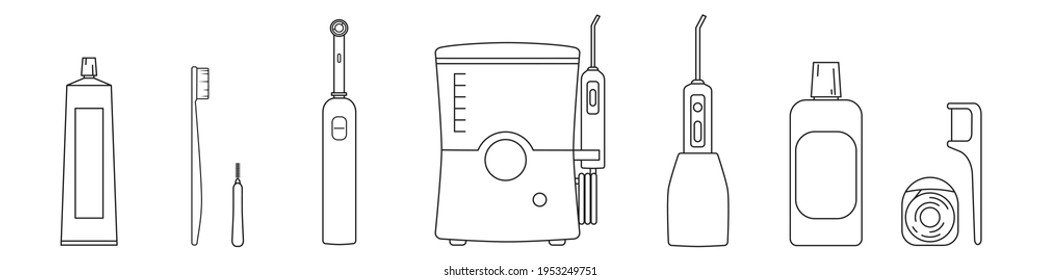 Tooth care set. Line vector illustration. 9 objects: toothpaste, toothbrush, teeth cleaning irrigator, dental floss, mouthwash and other.