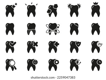 Juego de iconos de silueta de cuidado dental. Tratamiento dental. Símbolo sólido de odontología. Dolor De Dentadura, Caries, Blanqueamiento, Pictograma De Glifo De Dientes Limpieza. Higiene Oral. Ilustración de vectores aislados.