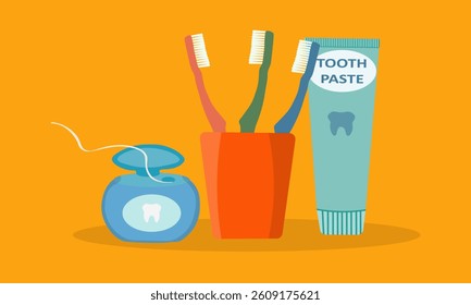 Tooth care vector. Toothbrush in the glass with toothpaste and dental floss on orange background. Top view