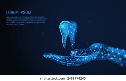 Tooth care.Abstract wireframe low poly Dentist holding a tooth.
Futuristic Human Healthy teeth Dental care, dental clinic, teeth protection or treatment concept. isolate on a dark blue background.
