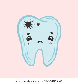 Tooth with caries. Color vector drawing of a sick tooth. Kawaii rusty character.