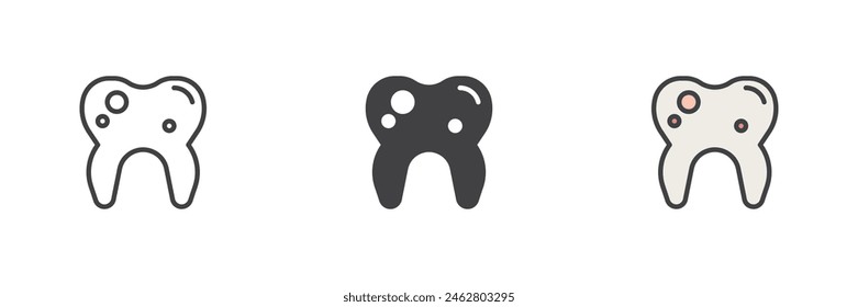 El diente lleva un conjunto de iconos de estilo diferente. Línea, glifo y contorno relleno versión colorida, contorno y Vector relleno signo. Símbolo de la cavidad dental, ilustración del logotipo. Vector gráfico