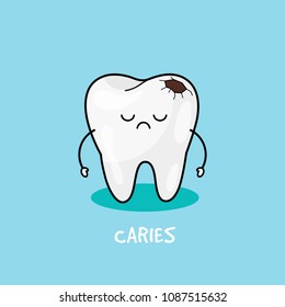 Tooth With Caries Icon. Cute Tooth Characters. Caries Tooth. Dental Personage Vector Illustration. Illustration For Children Dentistry. Oral Hygiene, Teeth Cleaning. 