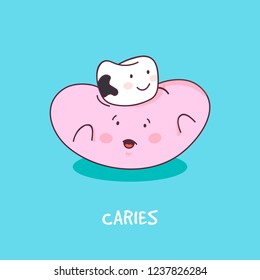 Tooth with caries icon. Caries tooth. Cute tooth characters. Dental personage vector illustration. Illustration for children dentistry. Oral hygiene, teeth cleaning. 