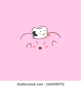 Tooth with caries icon. Cute characters cracked tooth with gum. Dental treatment. Dental personage cartoon vector illustration. Illustration for children dentistry. Oral hygiene, teeth cleaning. 