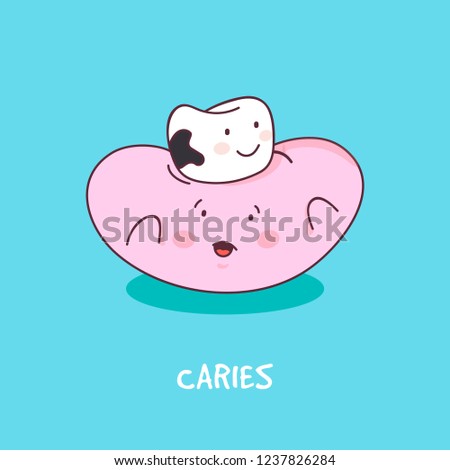 Tooth with caries icon. Caries tooth. Cute tooth characters. Dental personage vector illustration. Illustration for children dentistry. Oral hygiene, teeth cleaning. 