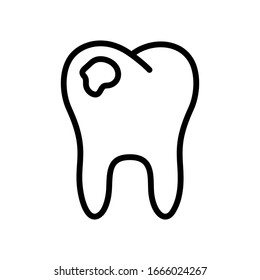 Diente con caries. Icono lineal para clínica dental. Ilustración simple negra para la destrucción de tejido, daño al esmalte, agujero en diente. Contactar imagen vectorial aislada en fondo blanco