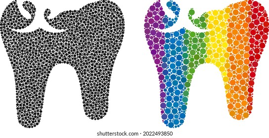 Tooth caries mosaic icon of round items in different sizes and rainbow color hues. A dotted LGBT-colored tooth caries for lesbians, gays, bisexuals, and transgenders.