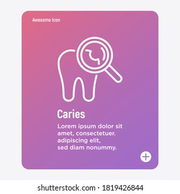 Tooth with caries under magnifier. Toothache. Thin line icon. Dentistry, stomatology. Vector illustration.