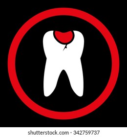 Tooth Caries vector icon. Style is bicolor flat rounded symbol, red and white colors, rounded angles, black background.