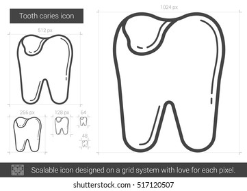 Ícone de linha vetorial de cárie dentária isolado no fundo branco. Dente cárie ícone de linha para infográfico, site ou aplicativo. Ícone escalável projetado em um sistema de grade.