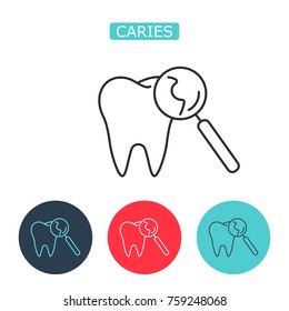 Tooth caries vector line icon isolated on white background. Tooth Magnifying Glass Image. Medicine symbol for info graphics, websites and print media. Editable stroke.