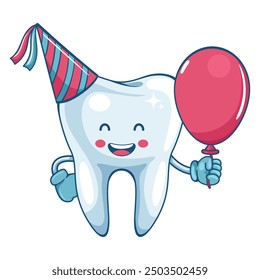 Tooth cartoon character celebrating dental health. Prevention, diagnosis and treatment of tooth and gum diseases. Dental hygiene and oral care. Tooth decay prevention. Health and medicine concept