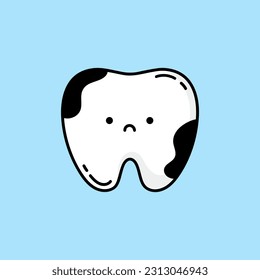 Tooth cartoon character covered with brown spots. Caries or tooth decay concept.