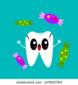 tooth cartoon character with dark cracks with the emotion of fear and surprise around a candy in colorful wrappers concept of hygiene and dentistry Object on a blue background