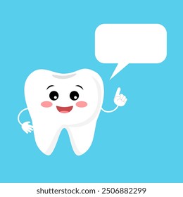 Tooth cartoon character with dialog box with copy space for text. Prevention, diagnosis and treatment of tooth and gum disease. Dental hygiene and oral care.