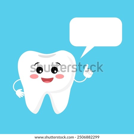 Tooth cartoon character with dialog box with copy space for text. Prevention, diagnosis and treatment of tooth and gum disease. Dental hygiene and oral care.