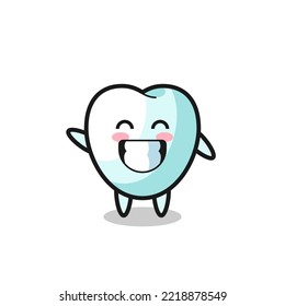 tooth cartoon character doing wave hand gesture , cute design