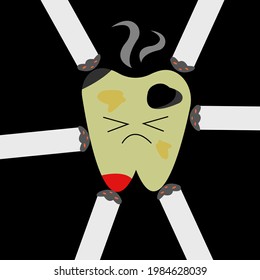 tooth cartoon character grimaced in pain it burns cigarettes from all sides