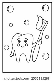 Dibujos animados de los dientes de carácter sosteniendo el cepillo de dientes para colorear página, cepillado de dientes educación para colorear página para el jardín de infantes, dengan cuidado contorno blanco y negro