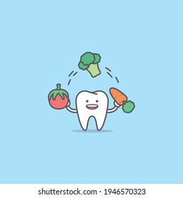 A tooth cartoon character juggling with tomato, broccoli, carrot, Meaning is the tooth be healthy by eating vegetables, illustration vector, Dental care concept.