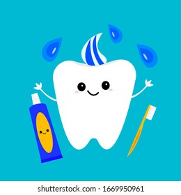 tooth cartoon character with pasta hairstyle around Shiny water drops brush and tube. Hygiene and health objects concept on blue background.