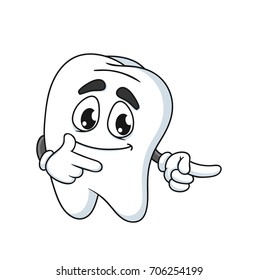 Tooth cartoon character pointing with both hands