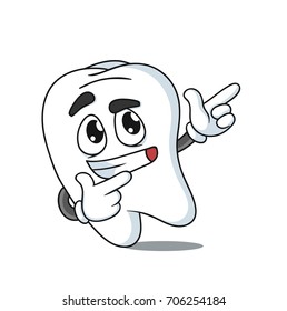 Tooth cartoon character pointing down with both hands
