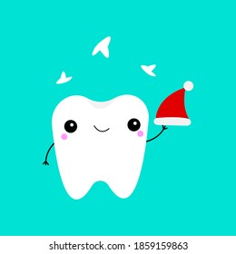 tooth cartoon character smiling and holding in hand santa hat object on blue background concept of dentistry and winter holidays