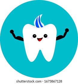tooth cartoon character with strong muscles and a hairdress from paste concept of hygiene and health object on a blue background