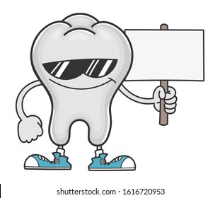 tooth cartoon character with sunglasses holding sign post isolated on white background
