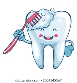 Tooth cartoon character with a toothbrush brushing. Prevention, diagnosis and treatment of tooth and gum diseases. Dental hygiene and oral care. Tooth decay prevention. Health and medicine concept