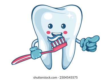 Tooth cartoon character with a toothbrush brushing. Prevention, diagnosis and treatment of tooth and gum diseases. Dental hygiene and oral care. Tooth decay prevention. Health and medicine concept