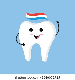 Tooth cartoon character with toothbrush. Dental concept illustration. Vector graphic.