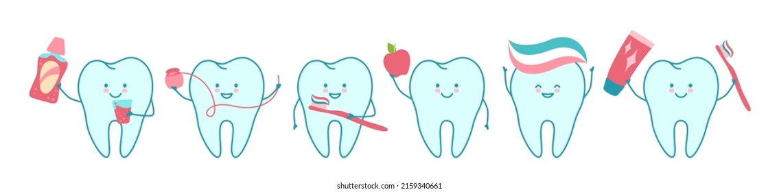 Tooth cartoon dental mascot set. Orthodontic kawaii teeth character with toothbrush, toothpaste, dental floss, mouthwash. Mouth cleaning, healthcare oral hygiene concept. Dentistry baby vector