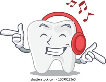 Tooth Cartoon design concept listening music on headphone