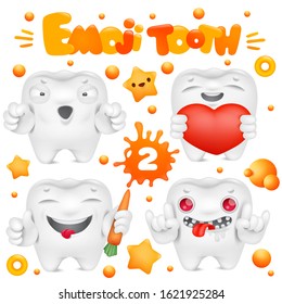 Tooth cartoon emoji character in various emotions collection. Vector set