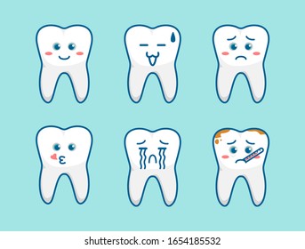 Tooth cartoon emoji fun cute character mascot with various expression face set for children dentist illustration
