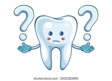 Caricatura de dientes expresando duda con un signo de interrogación. Signo de interrogación para el concepto de preguntas frecuentes. Prevención, diagnóstico y tratamiento de las enfermedades dentales y de las encías. Higiene dental y cuidado bucal. Prevención de la caries dental