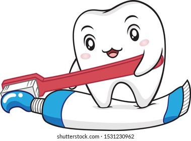 Tooth Cartoon Holding Brush with  Toothpaste- Teeth Care Tips 