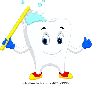 Tooth cartoon holding toothbrush