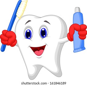 Tooth cartoon holding toothbrush and toothpaste