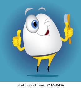 Tooth cartoon holding toothbrush and toothpaste