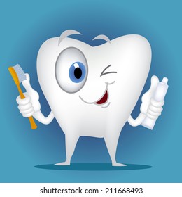 Tooth cartoon holding toothbrush and toothpaste