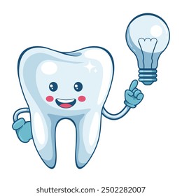 Tooth cartoon with a light bulb. Creative concept for the generation of ideas. Prevention, diagnosis and treatment of tooth and gum diseases. Dental hygiene and oral care. Tooth decay prevention