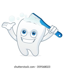 Tooth cartoon mascot brushing teeth