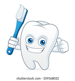 Tooth Cartoon Mascot Brushing Teeth