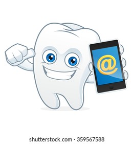 Tooth cartoon mascot hold, phone